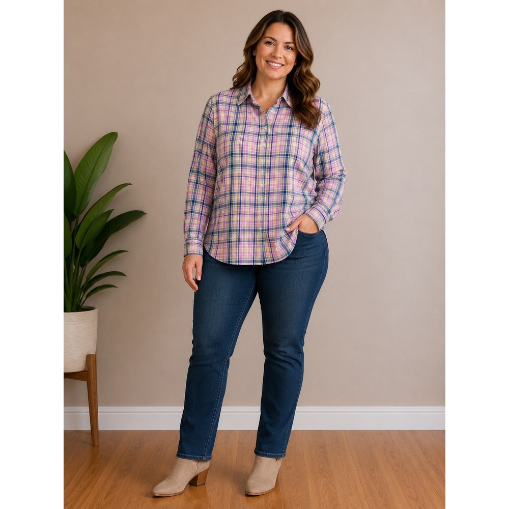 Foxcroft Cotton Button Down Shirt Womens 12 Pink Plaid Wrinkle Free Long Sleeve